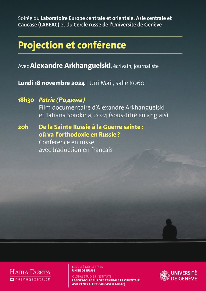 Centre Sidjanski en études européennes (@ccdsee_gsi) on Twitter photo Une projection et une conférence qui s’annoncent intéressantes, ce soir à 18h30 à Uni Mail 👀
Soirée organisée par le LABEAC du <a href="/GSI_UNIGE/">GSI — UNIGE</a> , en collaboration avec le Cercle russe de <a href="/UNIGEnews/">Université de Genève</a>. Une projection et une conférence qui s’annoncent intéressantes, ce soir à 18h30 à Uni Mail 👀
Soirée organisée par le LABEAC du <a href="/GSI_UNIGE/">GSI — UNIGE</a> , en collaboration avec le Cercle russe de <a href="/UNIGEnews/">Université de Genève</a>.