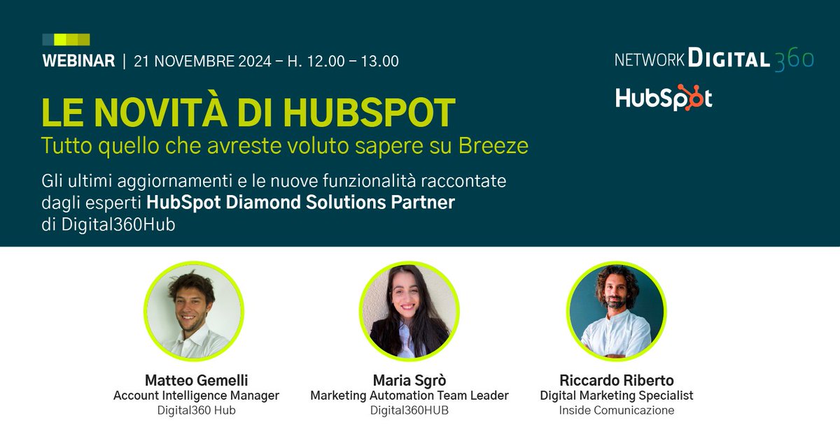 Torna l'appuntamento imperdibile con "Le novità di Hubspot" il 21 novembre alle 12 🕛
Il protagonista sarà Breeze 🚀 
Scopri come questo nuovo assistente integrato sta rivoluzionando il modo di lavorare di milioni di professionisti. 
Iscriviti ora: bit.ly/40JGYnu