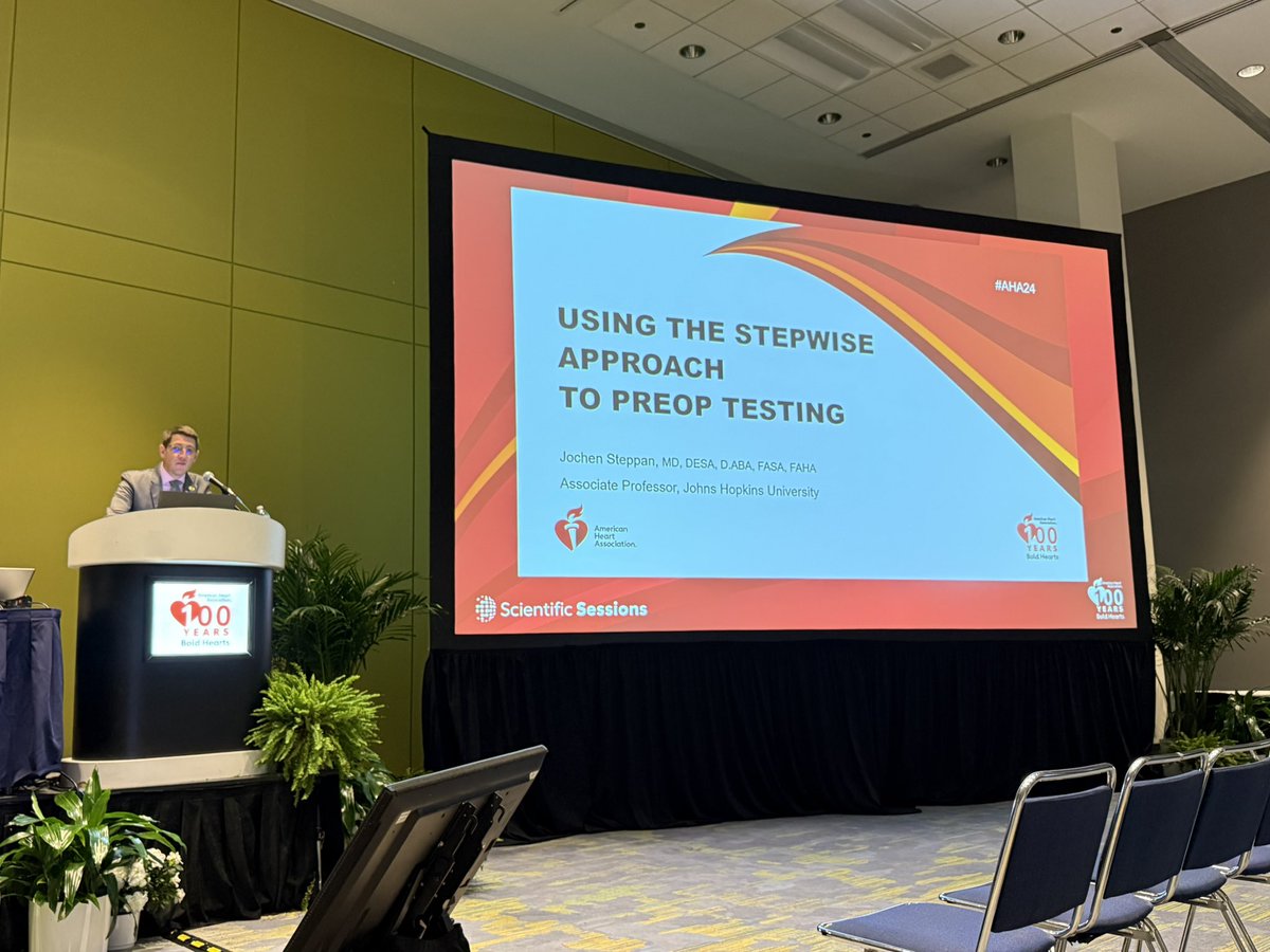DannyMuehlschMD's tweet image. Dr. Jochen Steppan showing how echocardiography has now been moved up in the preop testing algorithm. With known history of heart failure, repeat echo based on symptoms #AHA24