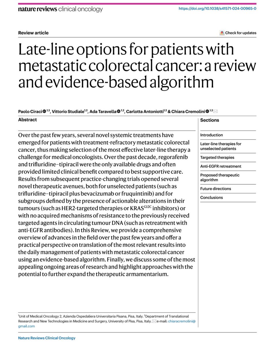 Vittorio Studiale (@vstudiale) on Twitter photo 💡Late-line #mCRC : an evidence-based algorithm for the clinical practice in 2024
Proud and thrilled to share our review on the topic now online in <a href="/NatRevClinOncol/">NatureRevClinOncol</a> !
Read the full article at rdcu.be/d0AHE
<a href="/p_ciracimd/">Paolo Ciracì</a> <a href="/carlottanto1/">carlottanto</a> <a href="/ChiaraCrem1/">Chiara Cremolini</a>
#Oncology #cancer 💡Late-line #mCRC : an evidence-based algorithm for the clinical practice in 2024
Proud and thrilled to share our review on the topic now online in <a href="/NatRevClinOncol/">NatureRevClinOncol</a> !
Read the full article at rdcu.be/d0AHE
<a href="/p_ciracimd/">Paolo Ciracì</a> <a href="/carlottanto1/">carlottanto</a> <a href="/ChiaraCrem1/">Chiara Cremolini</a>
#Oncology #cancer