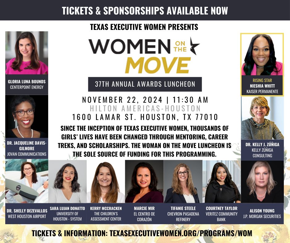 Congratulations to these #LeadershipHouston Women on the Move! Jacqueline K. Davis-Gilmore (Class XXVI), Sara Donatto (Class XLI), and Gloria Luna Bounds (Class XXXIII) will be honored this Friday at the @texasexecwomen Women on the Move Annual Luncheon. texasexecutivewomen.org/programs/wom/2…