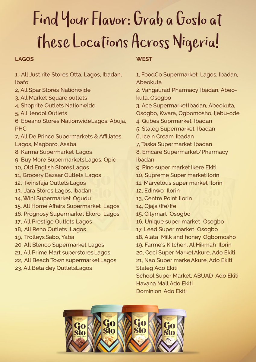 temmyponle's tweet photo. GoSlo is currently trending and for sure available in all supermarket near you.

You can grab a Goslo at these locations across in Nigeria, and I expect every Sharon Ooja to grab this first.
 
cc: @goslo_nig 

#TasteLifeSlo 
#SloIndulgence https://t.co/2kAv1Dx4HY