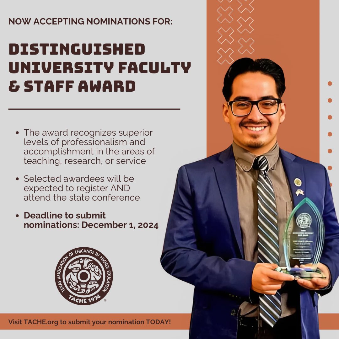 🌟Submit a nomination for a Distinguished University and Staff! 🌟

🚨 Application Deadline: December 1, 2024🚨

🔗To apply and learn more, visit TACHE.org.

#DistinguishedFaculty&amp;StaffAwards