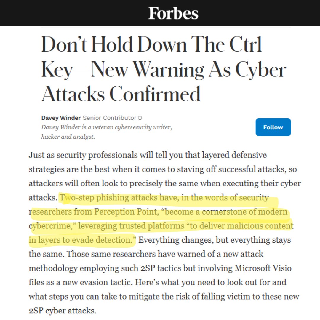 PerceptionPo1nt's tweet image. New article by @Forbes @happygeek spotlighting how cybercriminals are leveraging Visio (.vsdx) files in 2-step phishing attacks, bypassing traditional detection methods, exploiting trusted platforms to steal credentials &amp;amp; compromise organizations: hubs.la/Q02Yv6bJ0