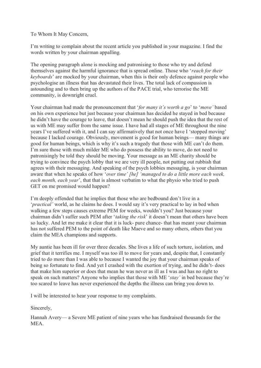 Hannah Avery (@hannaheavery) on Twitter photo I have emailed this complaint to <a href="/MEAssociation/">ME Association</a> detailing why I find the article their chairman wrote so appalling. I agree with what seems to be the majority of #pwME that an apology and retraction isn’t enough and that Neil Riley should resign. I have emailed this complaint to <a href="/MEAssociation/">ME Association</a> detailing why I find the article their chairman wrote so appalling. I agree with what seems to be the majority of #pwME that an apology and retraction isn’t enough and that Neil Riley should resign.