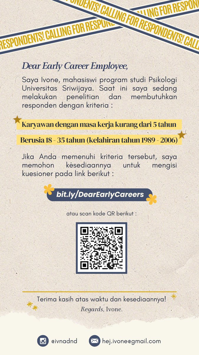 Halo! Adakah yg berkenan meluangkan waktunya ±3 menit utk bantu aku mengisi kuesioner penelitianku? Aku masih membutuhkan ±50 responden utk memenuhi target sampelku 🥺 Terima kasih, semoga Tuhan membalas kebaikannya berkali lipat🤗 
bit.ly/DearEarlyCaree… 
Izin mincot <a href="/hrdbacot/">HRD BACOT</a>