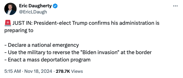 The47Record's tweet photo. President Trump confirms his administration is preparing to:

- declare a national emergency
- use the military to reverse the "Biden invasion" at the border
- enact a mass deportation program

Promises made, promises kept.

✅ https://t.co/ZmnfE0X2RB