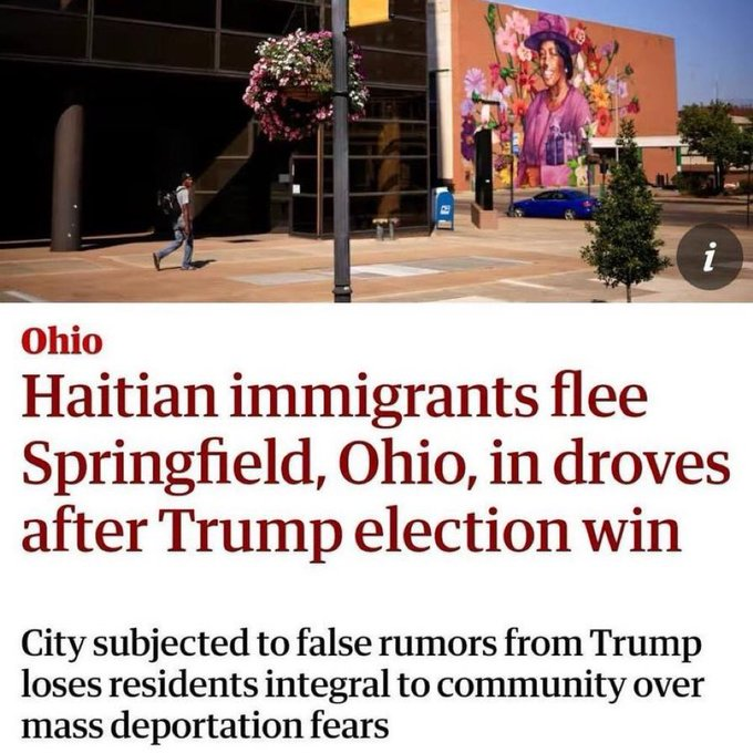The47Record's tweet photo. Haitian immigrants flee Springfield, Ohio, in droves after President Trump's election win.

Self deportations.

✅ https://t.co/MWgFhIv7dV