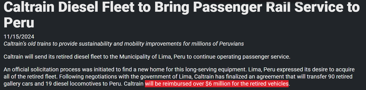 BMarchetich's tweet photo. Not only is Blinken trying to frame the sale of a retired diesel fleet as "building a new passenger train line," the White House has hilariously claimed that Caltrain is "donating" them. Caltrain's own press release makes clear it's making money from this. https://t.co/zUxda1EZ4a