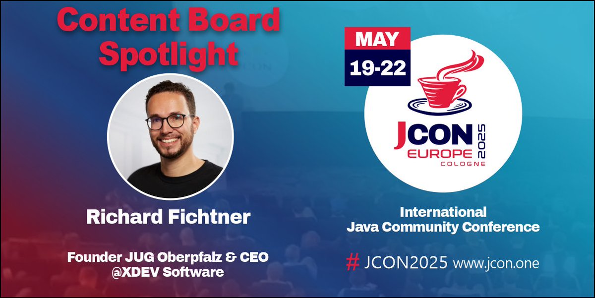 jcon_conference's tweet photo. Meet our #JCON #ContentBoard
Today's spotlight: @RichardFichtner
Founder of #JUG Oberpfalz, CEO of @XDEVSoftware & #JavaChampion. Known for his connections, clean code & love for country music ๐ค
Say hello and hope for a high vote from him ;)
Submit by Nov 29 ๐ https://t.co/D6AKPxgA9E
#JCON2025 #CFP #Java