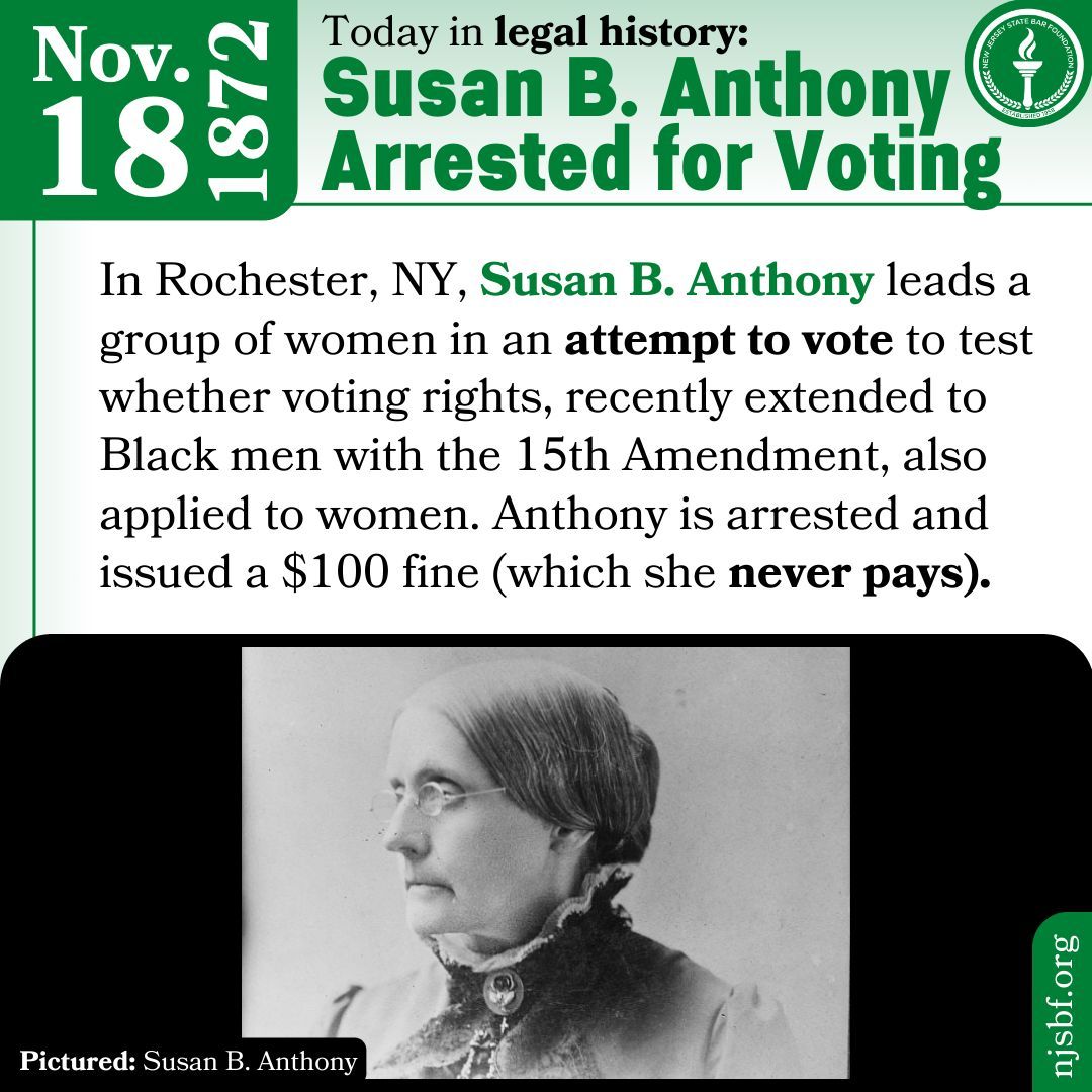 #OnThisDay in 1872, Susan B. Anthony was arrested for attempting to vote.
For educational articles on social justice issues, check out articles from Respect, our diversity and inclusion newsletter: rundown.njsbf.org
#WomensRights #Suffrage #Feminism