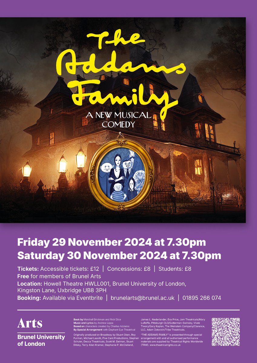 We are SO EXCITED to introduce our Brunel Arts Musical Theatre Workshop Production of The Addams Family!

Join us to witness this hilariously horrific production by our talented students!

Fri 29 Nov / Sat 30 Nov @ 7.30pm
Howell Building HWLL001

Tickets:
eventbrite.co.uk/e/brunel-arts-…