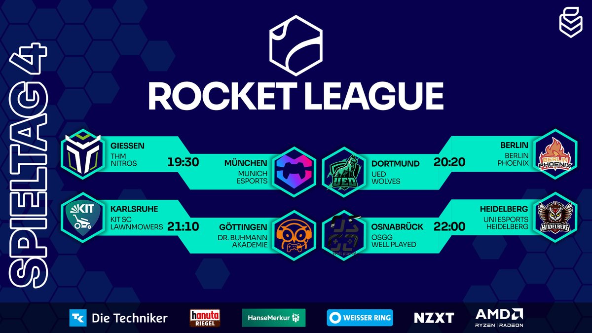 🚨4. Spieltag in Rocket League🚨

📺️twitch.tv/uniliga

⚔️<a href="/EsportsThm/">THM eSports</a>🆚<a href="/munich_esports/">Munich eSports e.V.</a>
⚔️<a href="/UEDortmund/">Uni eSports Dortmund</a>🆚<a href="/BerlinPhoenixRL/">Berlin Phoenix</a>
⚔️<a href="/kitscesports/">KIT SC eSports</a>🆚<a href="/HNVR_Esports/">HNVR Esports (ROSSMANN Centaurs & RECKEN Rockets)</a>
⚔️<a href="/osna_gaming/">Osnabrück Gaming e.V.</a>🆚Uni eSports Heidelberg

🎬️AnotherNoOne
🎙️<a href="/InviSan_Pubg/">InviSan Casts</a>, <a href="/Mr_SquiddyRL/">Mr. Squiddy</a>, <a href="/Lady_de_Rose/">Kathy x3</a> &amp; <a href="/WindgraceRL/">Windgrace</a>