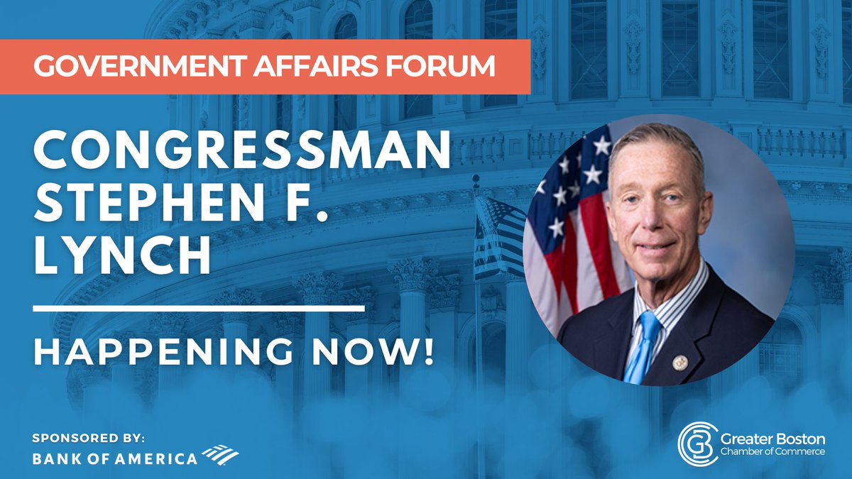 bostonchamber's tweet image. We’re proud to welcome Congressman Stephen F. Lynch to our Government Affairs Forum for his address to the business community. 

Follow along for live updates as he discusses his career and insights into the future of financial technology and AI in Congress.