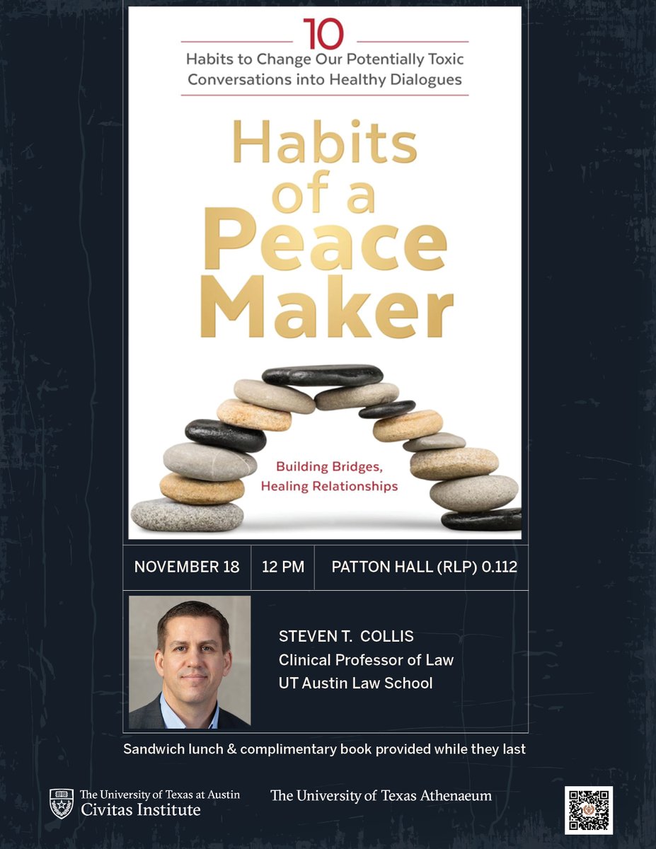 UT Civic Leadership (@utcivics) on Twitter photo Need tips on how to be a peacemaker at the Thanksgiving table this year? Join us today for a lunch conversation with <a href="/UTexasLaw/">UTexasLaw</a> professor and <a href="/UTexas1ACenter/">The Bech-Loughlin First Amendment Center</a> director <a href="/steventcollis/">Steven T Collis</a> about his new book āHabits of a Peace Makerā | 11/18, 12pm, Patton Hall (RLP) 0.112 Need tips on how to be a peacemaker at the Thanksgiving table this year? Join us today for a lunch conversation with <a href="/UTexasLaw/">UTexasLaw</a> professor and <a href="/UTexas1ACenter/">The Bech-Loughlin First Amendment Center</a> director <a href="/steventcollis/">Steven T Collis</a> about his new book āHabits of a Peace Makerā | 11/18, 12pm, Patton Hall (RLP) 0.112