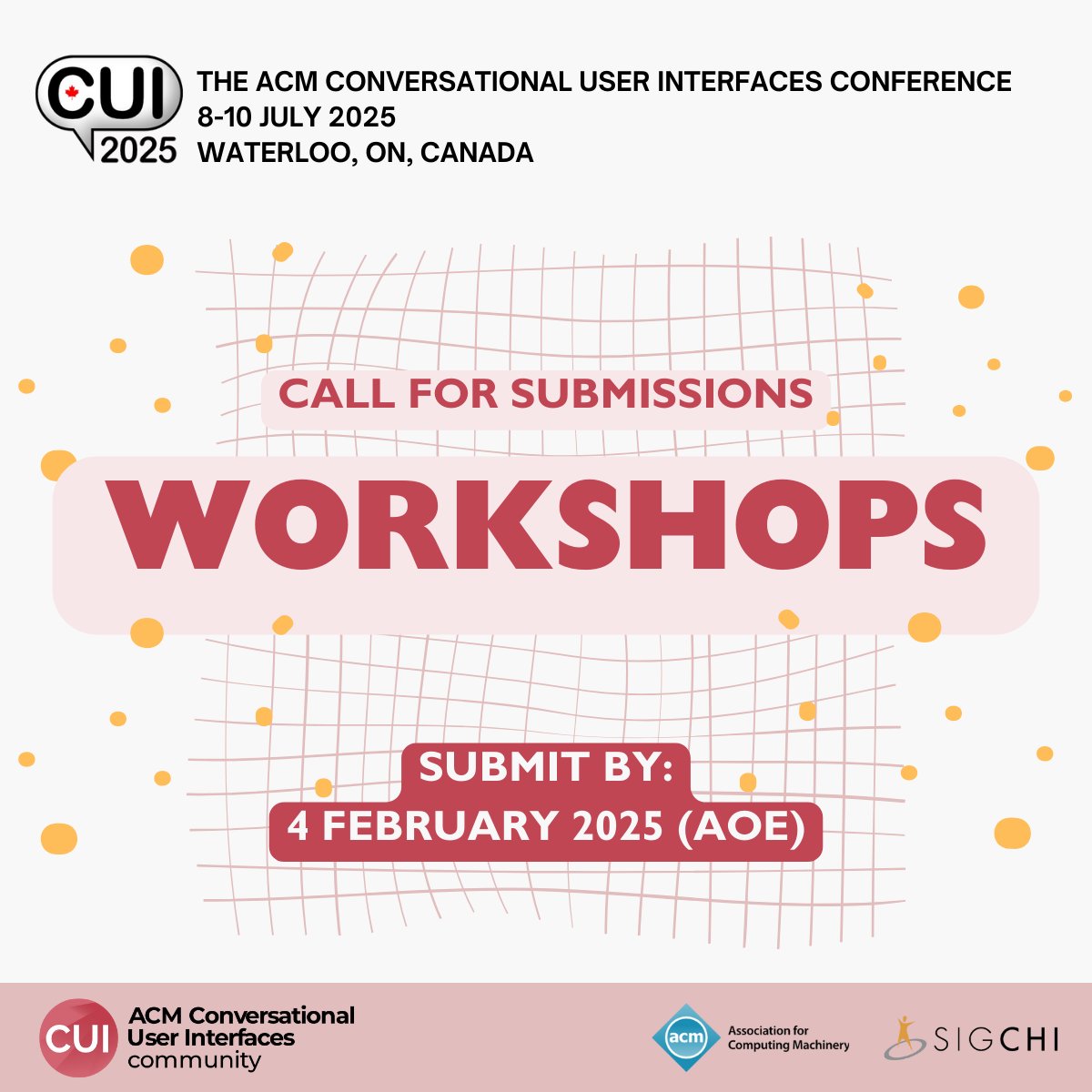 ACM CUI (@acm_cui) on Twitter photo Workshops at #CUI2025 bring conversations to life! π¬ Propose a half or full-day session on any topic related to Conversational User Interfaces. Weβre excited to see your ideas! β¨
Submission deadline: 4 February 2025
More info: cui.acm.org/2025/submit/woβ¦β¦
#CUI #HCI <a href="/sigchi/">ACM SIGCHI</a> Workshops at #CUI2025 bring conversations to life! π¬ Propose a half or full-day session on any topic related to Conversational User Interfaces. Weβre excited to see your ideas! β¨
Submission deadline: 4 February 2025
More info: cui.acm.org/2025/submit/woβ¦β¦
#CUI #HCI <a href="/sigchi/">ACM SIGCHI</a>