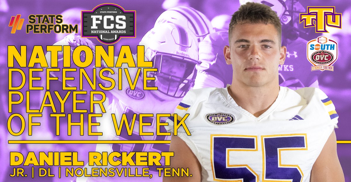 Congrats to Tennessee Tech defensive lineman Daniel Rickert as he was named  Stats Perform FCS National Defensive Player of the Week | READ: tennesseetech.prestosports.com/sports/fball/2… #AimHigh #WingsUp