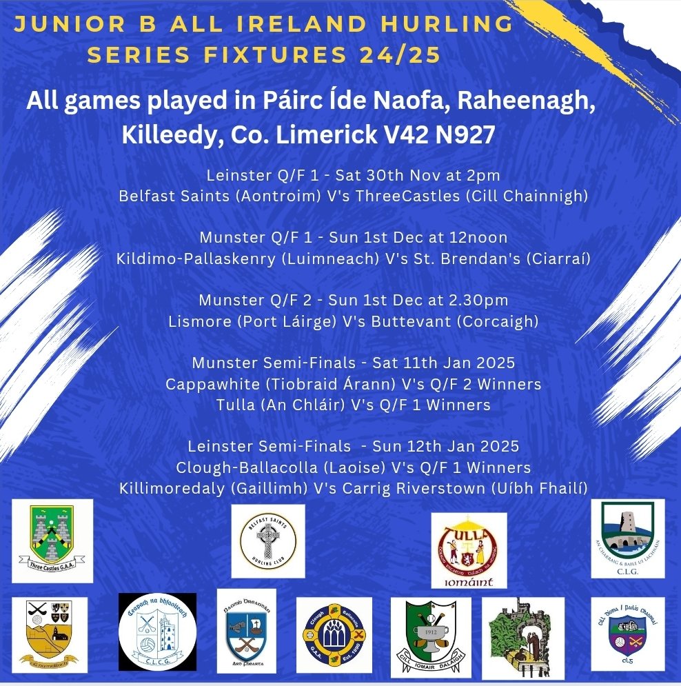 JnrB Hurling Series (@juniorbhurlingc) on Twitter photo <a href="/CLGLaois/">Laois GAA</a> <a href="/GaaClare/">Clare Gaa</a> <a href="/gaaleinster/">Leinster GAA</a> <a href="/LimkLeaderSport/">Limerick Leader Sport / Limerick Live Sport</a> <a href="/KenrydimoGAA/">Kildimo Pallaskenry</a> <a href="/ardferthurling/">St.Brendan's Hurling Club</a> <a href="/ButtevantGAA/">Buttevant GAA</a> <a href="/LismoreGAA/">Lismore GAA</a> <a href="/belfastsaints/">Belfast Saints Hurling Club</a> <a href="/Clough_Bcolla/">CloughBallacolla GAA</a> <a href="/cappawhitegaa/">Cappawhite GAA</a> <a href="/ThreecastlesGAA/">Three Castles GAA</a> <a href="/CarrigCLG/">Carrig & Riverstown</a> <a href="/TullaGAAClub/">Tulla GAA Club</a> <a href="/KillimordalyGAA/">Killimordaly GAA</a> <a href="/MunsterGAA/">Munster GAA / Comhairle na Mumhan</a> <a href="/radiokerrysport/">Radio Kerry Sport</a> <a href="/WaterfordGAA/">Waterford GAA</a> <a href="/LimerickCLG/">Limerick GAA</a> <a href="/MattOCall/">Matt O'Callaghan</a> <a href="/CLGLaois/">Laois GAA</a> <a href="/GaaClare/">Clare Gaa</a> <a href="/gaaleinster/">Leinster GAA</a> <a href="/LimkLeaderSport/">Limerick Leader Sport / Limerick Live Sport</a> <a href="/KenrydimoGAA/">Kildimo Pallaskenry</a> <a href="/ardferthurling/">St.Brendan's Hurling Club</a> <a href="/ButtevantGAA/">Buttevant GAA</a> <a href="/LismoreGAA/">Lismore GAA</a> <a href="/belfastsaints/">Belfast Saints Hurling Club</a> <a href="/Clough_Bcolla/">CloughBallacolla GAA</a> <a href="/cappawhitegaa/">Cappawhite GAA</a> <a href="/ThreecastlesGAA/">Three Castles GAA</a> <a href="/CarrigCLG/">Carrig & Riverstown</a> <a href="/TullaGAAClub/">Tulla GAA Club</a> <a href="/KillimordalyGAA/">Killimordaly GAA</a> <a href="/MunsterGAA/">Munster GAA / Comhairle na Mumhan</a> <a href="/radiokerrysport/">Radio Kerry Sport</a> <a href="/WaterfordGAA/">Waterford GAA</a> <a href="/LimerickCLG/">Limerick GAA</a> <a href="/MattOCall/">Matt O'Callaghan</a>