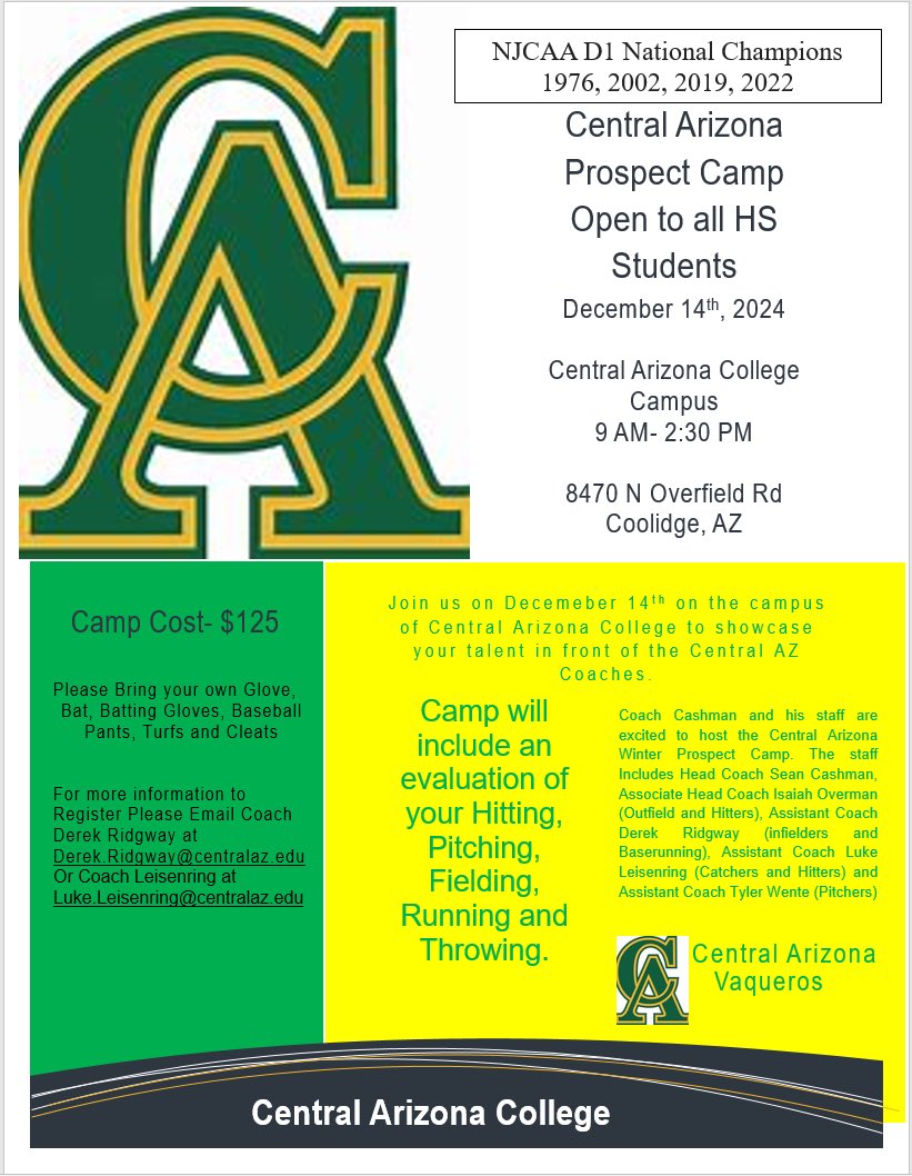 Central AZ Baseball (@cac_baseballdb9) on Twitter photo Join the Central AZ coaching staff for the 2024 Winter Prospect Camp at McSwain Field on the Central AZ campus. Camp open to all high school aged players.
Please contact Coach Ridgway or Coach Leisenring if interested Derek.Ridgway@centralaz.edu
Luke.Leisenring@centralaz.edu Join the Central AZ coaching staff for the 2024 Winter Prospect Camp at McSwain Field on the Central AZ campus. Camp open to all high school aged players.
Please contact Coach Ridgway or Coach Leisenring if interested Derek.Ridgway@centralaz.edu
Luke.Leisenring@centralaz.edu