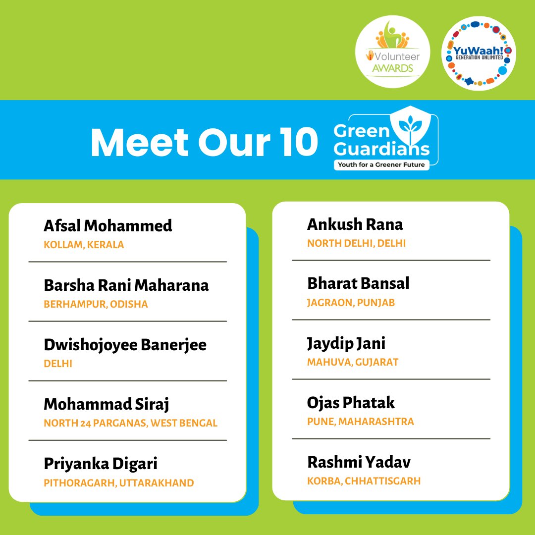 Introducing our 10 Green Guardians. These passionate young leaders are taking bold steps to combat climate change and create a more sustainable future.

#iVolunteerAwards #YuWaah #MakingADifference #ClimateAction #Volunteering #NGO #GreenRising #CommunityImpact #ImpactWithYouth
