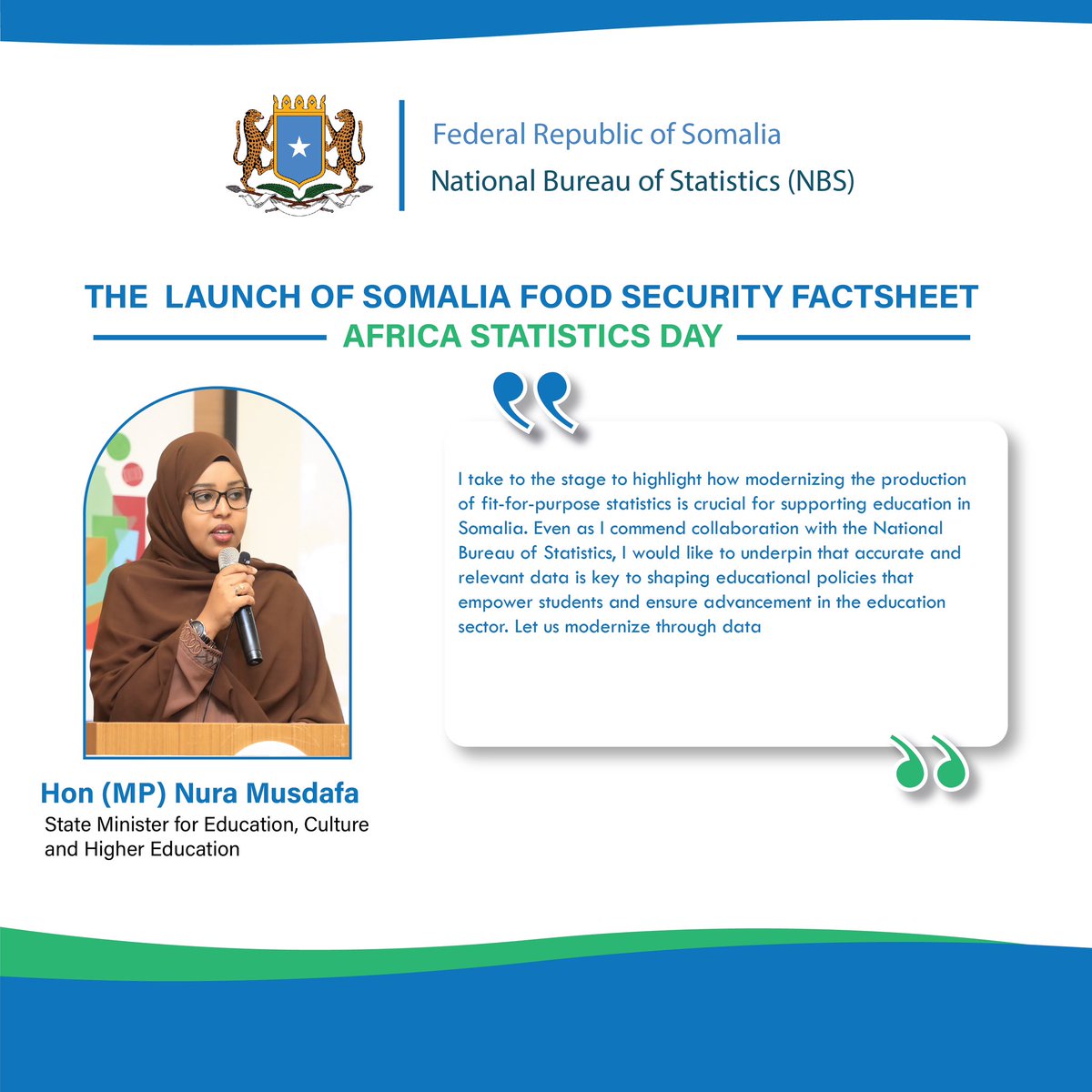 Somalia National Bureau of Statistics (@nbs_somalia) on Twitter photo Intervention by Hon Nura Musdafa, Federal State Minister for <a href="/moechesomalia/">Ministry of Education, Culture & Higher Education</a> at the African Statistics Day Celebration and the launch of Somalia Food Security Factsheet in Mogadishu today. #AfricanStatisticsDay #DataForEducation #Somalia. Intervention by Hon Nura Musdafa, Federal State Minister for <a href="/moechesomalia/">Ministry of Education, Culture & Higher Education</a> at the African Statistics Day Celebration and the launch of Somalia Food Security Factsheet in Mogadishu today. #AfricanStatisticsDay #DataForEducation #Somalia.