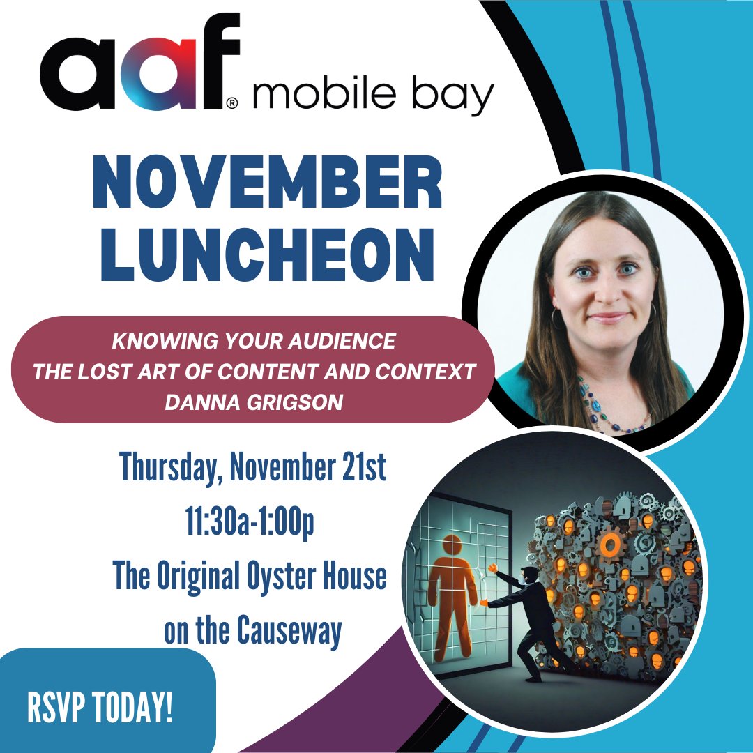Join us THIS THURSDAY for our November AAF luncheon at The Original Oyster House!  Members are free and guests are $25

RSVP:  eventbrite.com/e/november-lun…