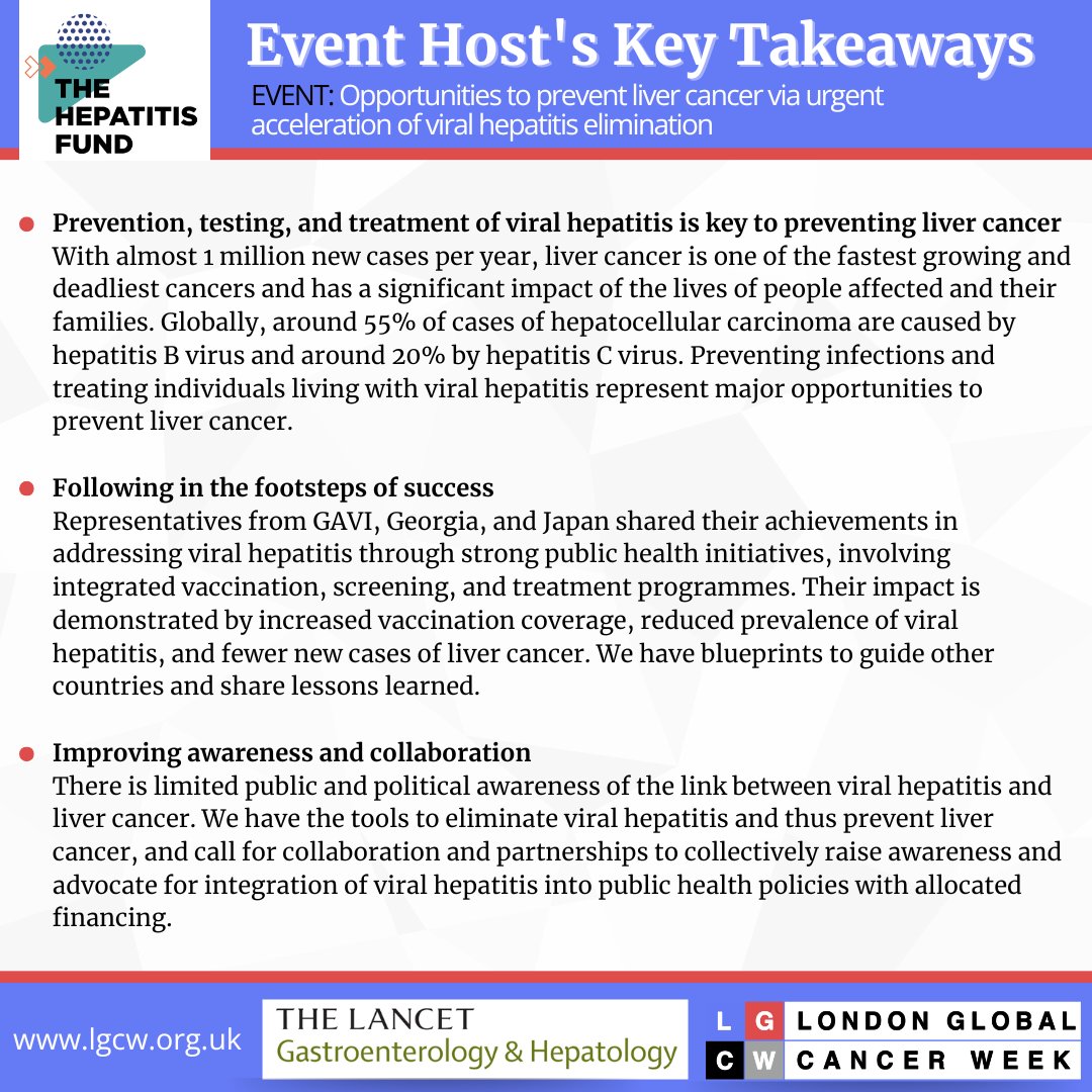 London Global Cancer Week (@lgcw2024) on Twitter photo 📢 Read these key takeaways from the event: Opportunities to Prevent Liver Cancer via Urgent Acceleration of Viral Hepatitis Elimination. #LiverCancerPrevention #ViralHepatitis #LGCW2024
<a href="/hepatitisfund/">The Hepatitis Fund</a> <a href="/LancetGastroHep/">The Lancet Gastroenterology & Hepatology</a> 📢 Read these key takeaways from the event: Opportunities to Prevent Liver Cancer via Urgent Acceleration of Viral Hepatitis Elimination. #LiverCancerPrevention #ViralHepatitis #LGCW2024
<a href="/hepatitisfund/">The Hepatitis Fund</a> <a href="/LancetGastroHep/">The Lancet Gastroenterology & Hepatology</a>
