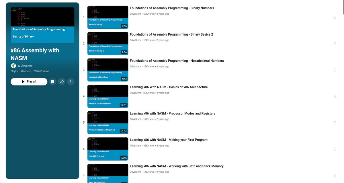chessMan786's tweet photo. x86 Assembly with NASM
Good playlist series for someone new to assembly.
Reverse Engineering Toolkit: https://t.co/49Mv7Q7Mok
Low-Level Programming Roadmap and Resources: https://t.co/OGmlzy4Ufi