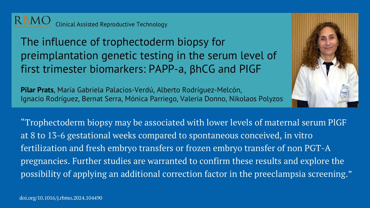 Reproductive BioMedicine Online (@rbmonline) on Twitter photo This study shows, through a large series of pregnancies conceived via spontaneous conception (SC), IVF and fresh embryo transfers, that trophectoderm biopsy may be associated with lower levels of maternal serum PlGF at 8 to 13-6 gestational weeks.
doi.org/10.1016/j.rbmo… This study shows, through a large series of pregnancies conceived via spontaneous conception (SC), IVF and fresh embryo transfers, that trophectoderm biopsy may be associated with lower levels of maternal serum PlGF at 8 to 13-6 gestational weeks.
doi.org/10.1016/j.rbmo…