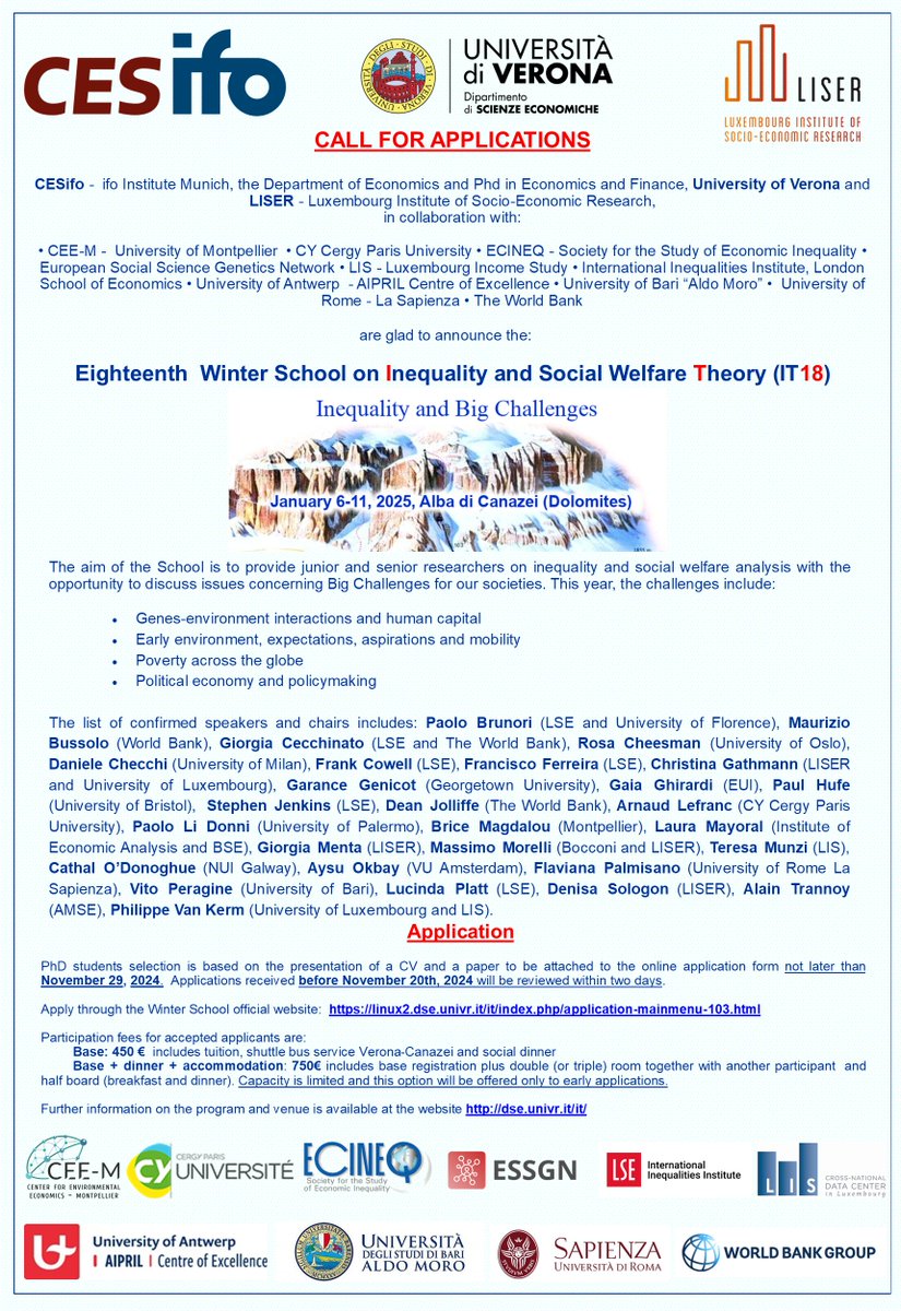 Francesco Andreoli (@fandreoli83) on Twitter photo <a href="/LISERinLUX/">LISER</a> <a href="/CESifoNetwork/">CESifo</a> <a href="/dseunivr/">Dipartimento di Scienze Economiche - Univr</a> <a href="/LISER_LC/">LISER's Living Conditions department</a> <a href="/UniversiteCergy/">CY Cergy Paris Université</a> <a href="/SapienzaRoma/">Sapienza Università di Roma</a> <a href="/APeichl/">Andreas Peichl</a> <a href="/LSEInequalities/">LSE Inequalities</a> <a href="/ifo_Institut/">ifo Institut</a> <a href="/ecineq/">Ecineq</a> <a href="/WorldBank/">World Bank</a> <a href="/lisdata/">LIS</a> <a href="/ESSGNetwork/">ESSGN</a> The call for the Winter School is out!
👉 linux2.dse.univr.it/it/documents/i… <a href="/LISERinLUX/">LISER</a> <a href="/CESifoNetwork/">CESifo</a> <a href="/dseunivr/">Dipartimento di Scienze Economiche - Univr</a> <a href="/LISER_LC/">LISER's Living Conditions department</a> <a href="/UniversiteCergy/">CY Cergy Paris Université</a> <a href="/SapienzaRoma/">Sapienza Università di Roma</a> <a href="/APeichl/">Andreas Peichl</a> <a href="/LSEInequalities/">LSE Inequalities</a> <a href="/ifo_Institut/">ifo Institut</a> <a href="/ecineq/">Ecineq</a> <a href="/WorldBank/">World Bank</a> <a href="/lisdata/">LIS</a> <a href="/ESSGNetwork/">ESSGN</a> The call for the Winter School is out!
👉 linux2.dse.univr.it/it/documents/i…