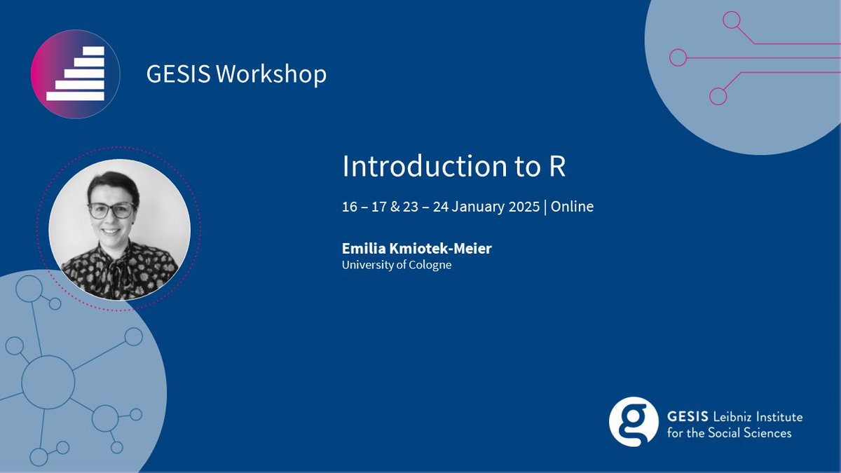 gesistraining's tweet image. Do you want to get familiar with R? 
Then join Emilia Kmiotek-Meier &amp;amp; Anna Herdick (TA) for the online #GESISworkshop in January, during which you will be introduced to preparing, analyzing, and visualizing data in R.

More information &amp;amp; registration ➡️tinyurl.com/01-25-Intro-R