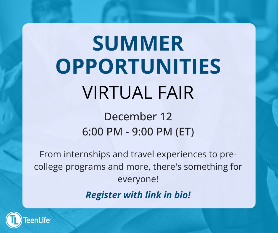 TeenLifeMedia's tweet image. Looking for a summer experience that will stand out on your college applications or help you discover your passion? Join our Summer Opportunities Virtual Fair!

🔗Register Here: teenlife.com/event-registra…

#SummerOpportunities #HighSchoolGoals #PreCollegePrograms #SummerFair