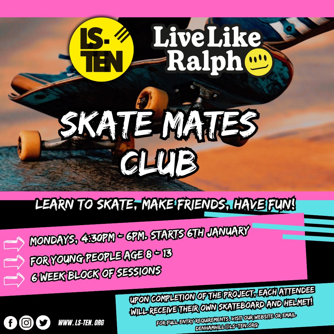 We have an amazing opportunity for young people who are desperate to learn to skate, thanks to funding from Live Like Ralph!

Head to the link below for details, this FREE opportunity is for young people who may otherwise struggle to access skateboarding

ls-ten.org/skatemates