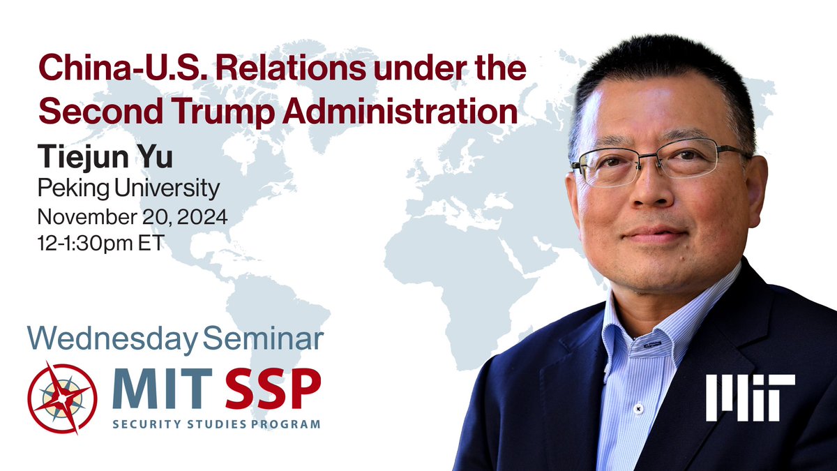 In our upcoming Wednesday Seminar, Professor Tiejun Yu, Peking University, discusses the challenges the second Trump administration will pose upon China-U.S. relations. Learn more about Yu’s talk: ssp.mit.edu/events/2024/ch…

This talk is open to the MIT community in E40-496. This