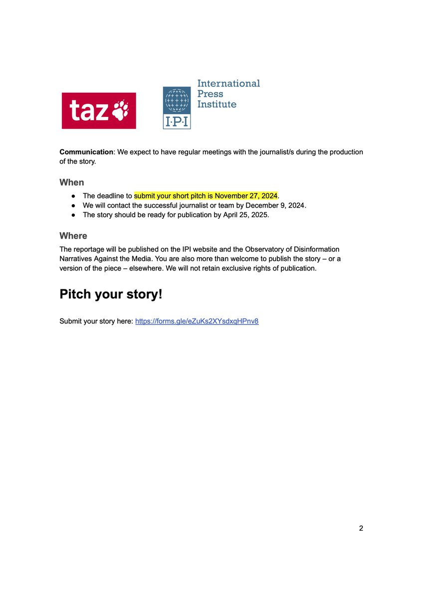 Christian Jakob (@chrjkb) on Twitter photo Die taz und das <a href="/globalfreemedia/">IPI - The Global Network for Independent Media</a> vergeben zwei kollaborative Recherchestipendien:
👉 Thema: Attacken auf Journalist:innen wegen ihrer Klima-Berichterstattung
👉 Deadline: 27.11.
👉 Abgabe: April '25
👉 Stipendienhöhe: 4.000 Euro
👉 Hintergrund: ipi.media/decoding-disin… Die taz und das <a href="/globalfreemedia/">IPI - The Global Network for Independent Media</a> vergeben zwei kollaborative Recherchestipendien:
👉 Thema: Attacken auf Journalist:innen wegen ihrer Klima-Berichterstattung
👉 Deadline: 27.11.
👉 Abgabe: April '25
👉 Stipendienhöhe: 4.000 Euro
👉 Hintergrund: ipi.media/decoding-disin…