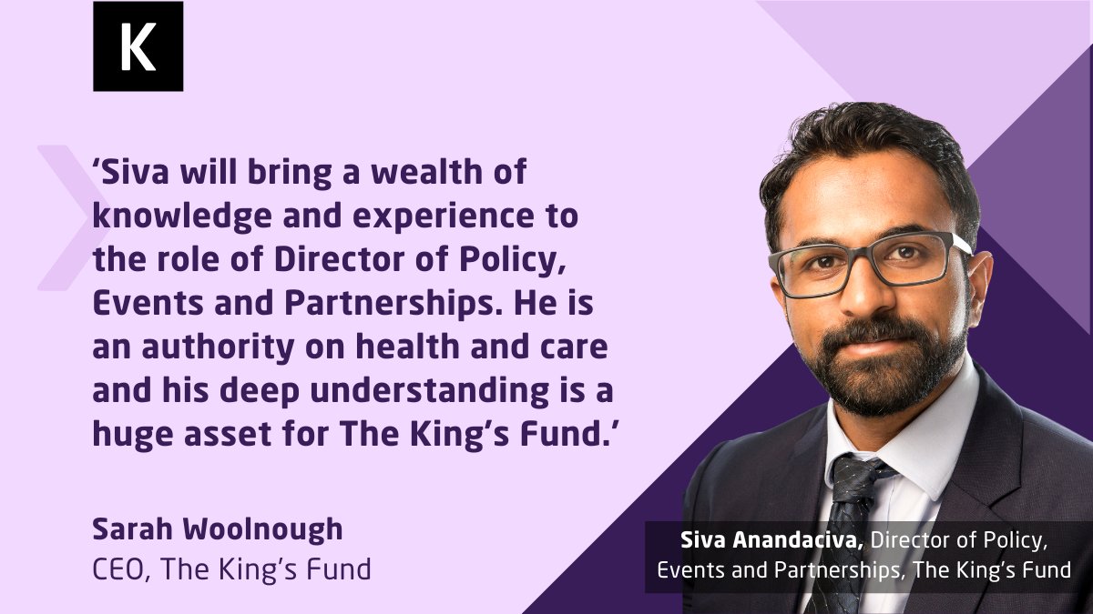 We're pleased to announce that <a href="/SivaAnandaciva/">Siva Anandaciva</a> has been appointed as Director of Policy, Events and Partnerships. Commenting on this, <a href="/swoolnough/">Sarah Woolnough</a> said Siva is an 'authority on health and care' and will be a huge asset to  the Fund. Find statement in full: kingsfund.org.uk/insight-and-an…