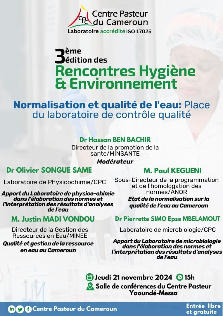 CentrePasteur's tweet photo. Thème "𝐧𝐨𝐫𝐦𝐚𝐥𝐢𝐬𝐚𝐭𝐢𝐨𝐧 𝐞𝐭 𝐪𝐮𝐚𝐥𝐢𝐭é 𝐝𝐞 𝐥'𝐞𝐚𝐮: 𝐩𝐥𝐚𝐜𝐞 𝐝𝐮 𝐥𝐚𝐛𝐨𝐫𝐚𝐭𝐨𝐢𝐫𝐞 𝐝𝐞 𝐜𝐨𝐧𝐭𝐫ô𝐥𝐞 𝐪𝐮𝐚𝐥𝐢𝐭é"
🏤 Salle de conférences du Centre Pasteur à Messa
🗓️ Jeudi 21 novembre 2024
🕒 15 heures https://t.co/ZaOh6voaPp