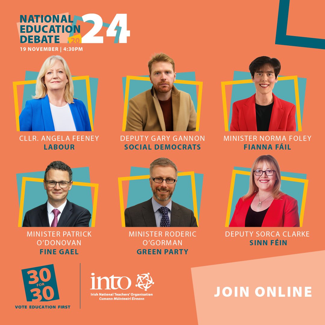 Tune in tomorrow 19 November at 4:30pm to watch the National Education debate live online hosted by <a href="/into_news/">Get_Into_News</a>. Stay informed about the crucial discussions shaping the future of education. Watch here: 🔗into.ie/education-deba…
#30for30 #VoteEducationFirst