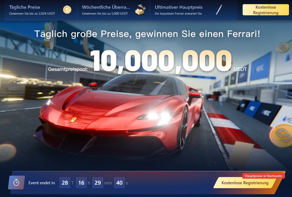 EuleKrypto's tweet image. In den nächsten insgesamt 29 Tagen kannst du einen #Ferrari gewinnen bei @MEXC_DE!

Das Krypto Future Trading Event mit den fettesten Preisen!

Zum Event:
tinyurl.com/mexcferrari