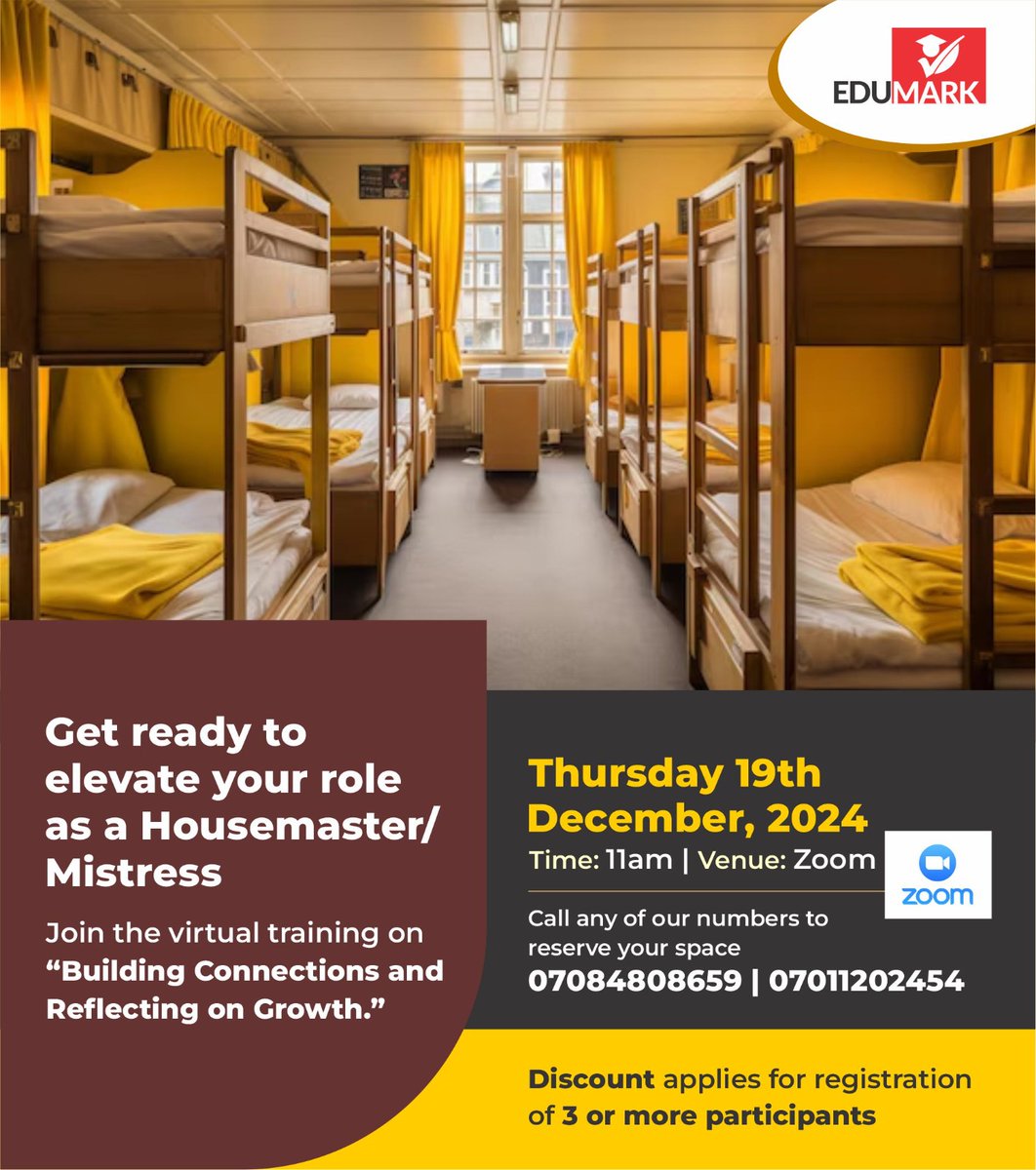 EdumarkNG's tweet photo. Take your career to the next level and deepen your understanding of the Housemaster & Housemistress Boarding Management!
Join us for the 6th Edition of our exclusive Housemasters Refresher Course!✨
👉 For registration, visit: https://t.co/7wFbpwqW1W
#Housemaster #Boarding https://t.co/YUx67Dvffl