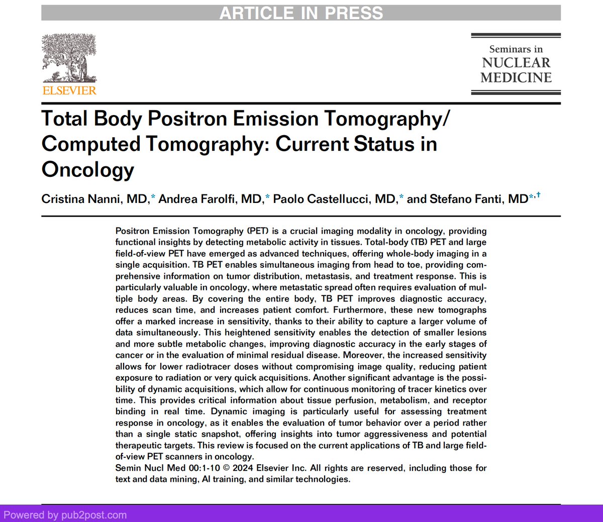 Andrea Farolfi (@andrea_farolfi) on Twitter photo Total Body PET/CT in Oncology
Our first review:
⏱️ Reduced scan time, enhanced patient comfort
📈 Improved diagnostic accuracy
⚡ Lower radiation dose
📊 Tracks tumor behavior over time
🏃🏻♂️ Dynamic acquisition ➡️ Multiparametric exam
<a href="/stefanofanti4/">prof. Stefano Fanti</a> tnyp.me/vZjQ24Qd Total Body PET/CT in Oncology
Our first review:
⏱️ Reduced scan time, enhanced patient comfort
📈 Improved diagnostic accuracy
⚡ Lower radiation dose
📊 Tracks tumor behavior over time
🏃🏻♂️ Dynamic acquisition ➡️ Multiparametric exam
<a href="/stefanofanti4/">prof. Stefano Fanti</a> tnyp.me/vZjQ24Qd