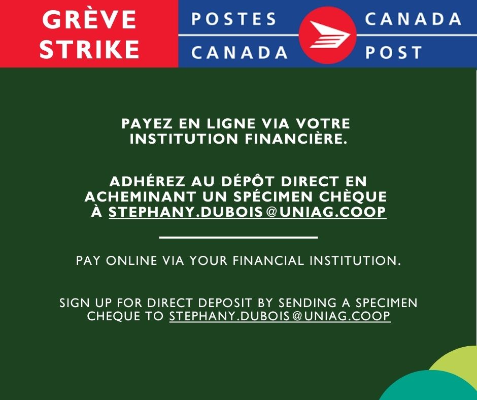 Uniag Coopérative (@uniagcoop) on Twitter photo Avec la grève de Postes Canada, pensez à payer vos factures en ligne via votre institution financière. C’est rapide, pratique et sans stress !
Vous souhaitez en savoir plus sur le dépôt direct ? Écrivez à stephany.dubois@uniag.coop pour plus d’informations.
Merci✨ Avec la grève de Postes Canada, pensez à payer vos factures en ligne via votre institution financière. C’est rapide, pratique et sans stress !
Vous souhaitez en savoir plus sur le dépôt direct ? Écrivez à stephany.dubois@uniag.coop pour plus d’informations.
Merci✨