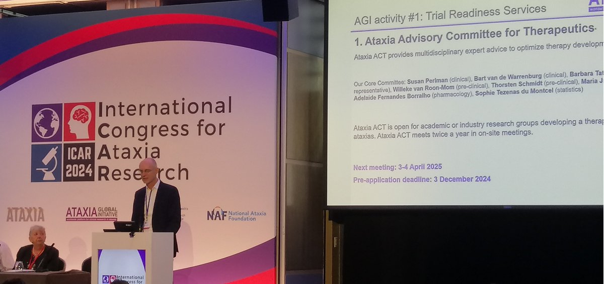Last week, Holm Graessner shared insights at ICAR about AGI's activities advancing trial readiness for ataxia therapies. Discover how the Ataxia Advisory Committee for Therapeutics (Ataxia ACT) can support your drug development program: ataxia-global-initiative.net/ataxia-act/ 

#ClinicalTrials