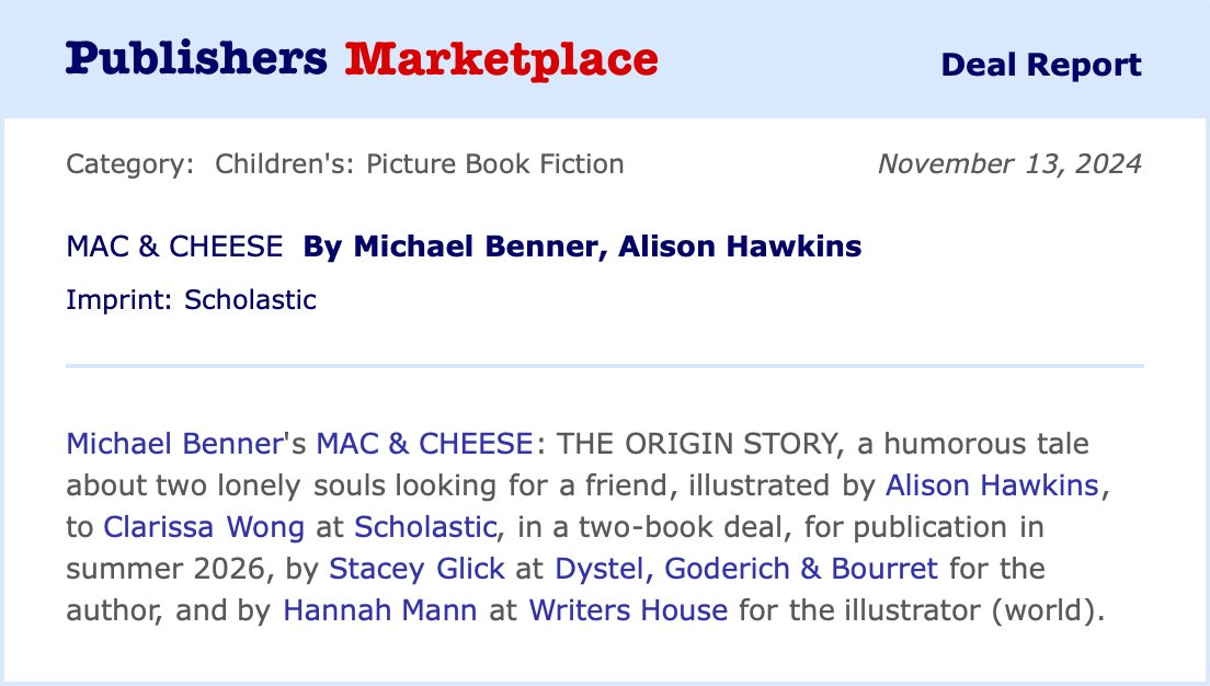 Michael Benner (on Threads and Bluesky) (@bennertx) on Twitter photo โจ Publishing news!! โจ
Iโm excited to share that my debut picture book, MAC & CHEESE: THE ORIGIN STORY, will release in 2026 as part of a two-book deal with Scholastic. Huge thanks to <a href="/staceyglick/">stacey glick</a> and the team at <a href="/Scholastic/">Scholastic</a> for seeing the potential in this story! โจ Publishing news!! โจ
Iโm excited to share that my debut picture book, MAC & CHEESE: THE ORIGIN STORY, will release in 2026 as part of a two-book deal with Scholastic. Huge thanks to <a href="/staceyglick/">stacey glick</a> and the team at <a href="/Scholastic/">Scholastic</a> for seeing the potential in this story!
