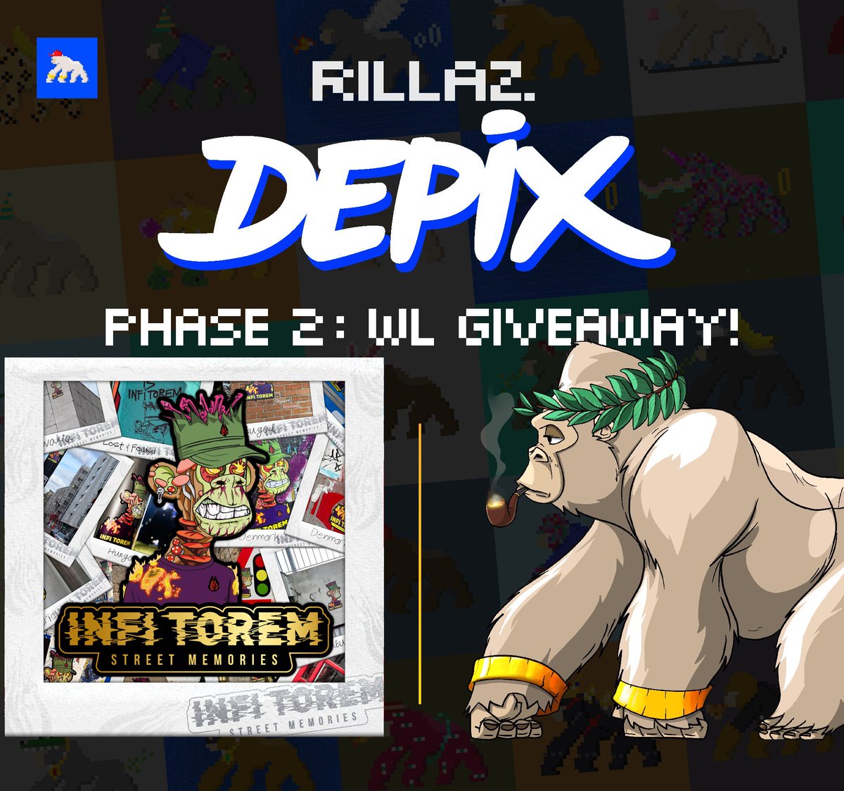 I’ve got 20 WL spots for the DEPIX mint by <a href="/ApeChainRILLAZ/">RILLAZ 🦍</a>:

1️⃣ First 10 holders of Infi Torem's Street Memories to post their wallet + screenshot of their NFT get WL

2️⃣ Another 10 spots for those who:
- Retweet &amp; Like
- Follow <a href="/infitorem/">Infi Torem</a> &amp; <a href="/ApeChainRILLAZ/">RILLAZ 🦍</a>
- Comment with their