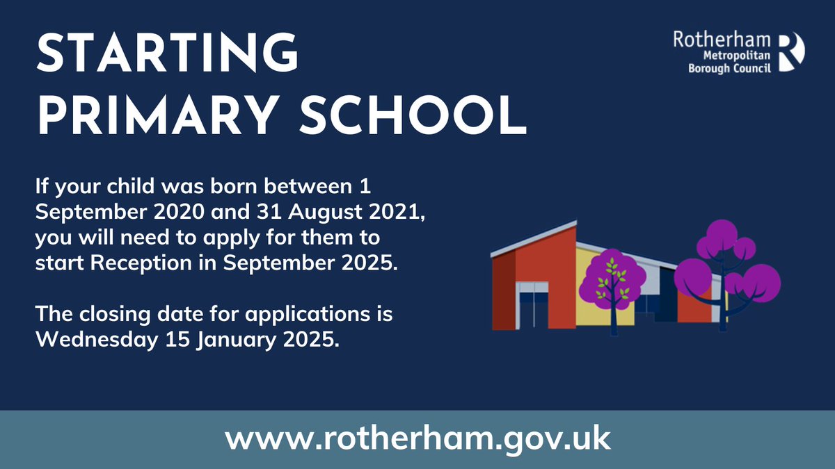 School Applications📄

Was your child born between 1 September 2020 and 31 August 2021?

If so, you will need to apply for them to start Reception in September 2025🏫

The closing date for applications is Wednesday 15 January 2025.

Find out more here➡️ rotherham.gov.uk/school-admissi…