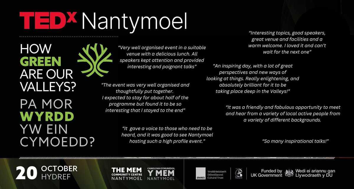 It’s been 5 years since <a href="/TEDxNantymoel/">TEDxNantymoel</a> was launched.

After 3 live events, 34 speakers have had a total of 168,217 YouTube views so far

20:20 Vision: youtube.com/playlist?list=…

The Heart of the Community: youtube.com/playlist?list=…

How Green are our Valleys?: youtube.com/playlist?list=…
