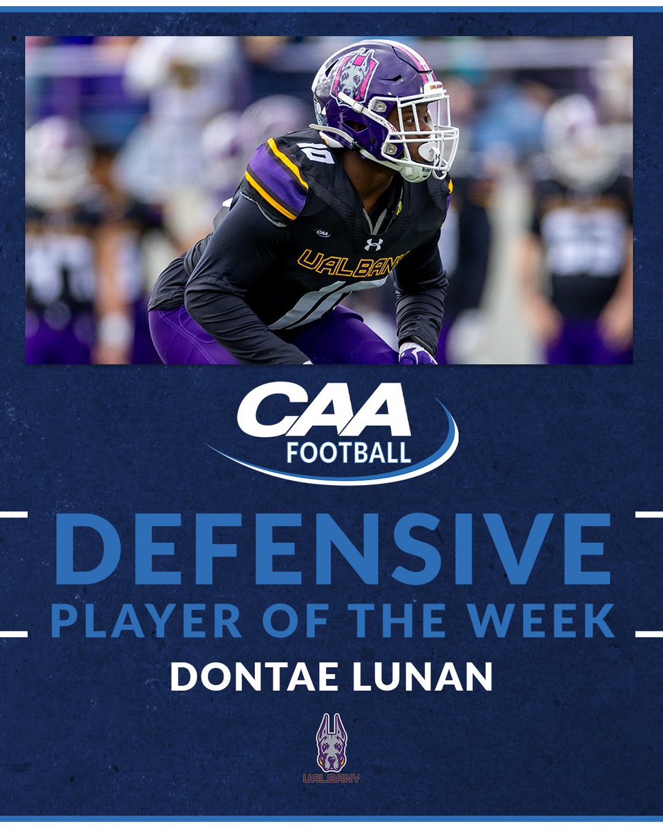 #CAAFB Defensive Player of the Week

Dontae Lunan recorded a team-high 15 tackles, 1.5 TFL’s, a QB hurry and two interceptions in <a href="/UAlbanyFootball/">UAlbany Football</a>'s narrow 20-17 setback at #15 Rhode Island

📰 tinyurl.com/pzxjurav