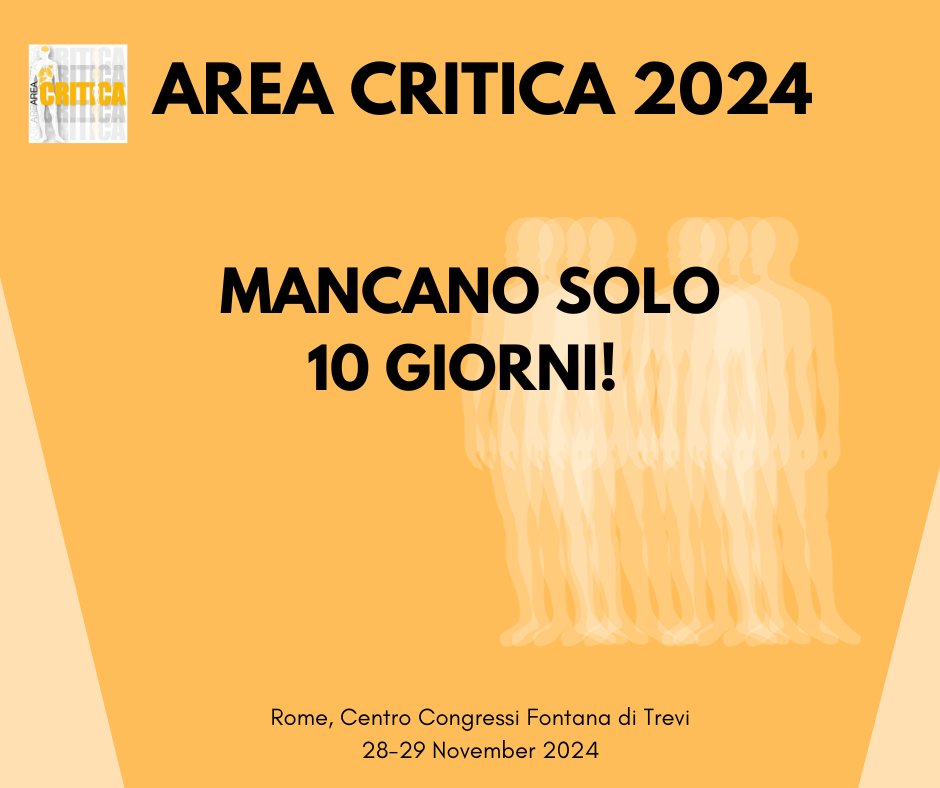 🌟 Mancano solo 10 giorni ad #AreaCritica24! Preparati per un evento imperdibile a Roma. 

Non hai ancora comprato il tuo ticket? Fallo adesso.
Registrati ora: lnkd.in/dKpiwvyB

📅Data: 28 e 29 nov 
 📍Location: ROMA, Centro Congressi Fontana di Trevi

 #FOAMed