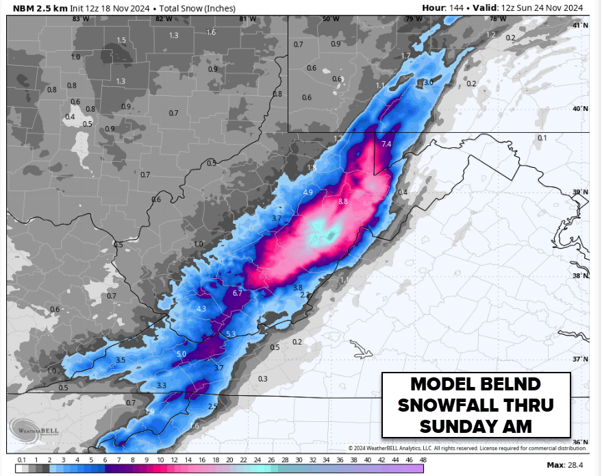 Excellent early season snowfall for many ski areas, including a foot+ amount possible for <a href="/snowshoemtn/">snowshoemtn</a> This could be just the kickstart the season needs in the Southeast. #skise #snOMG #wvwx #ncwx #wncwx #vawx #pawx